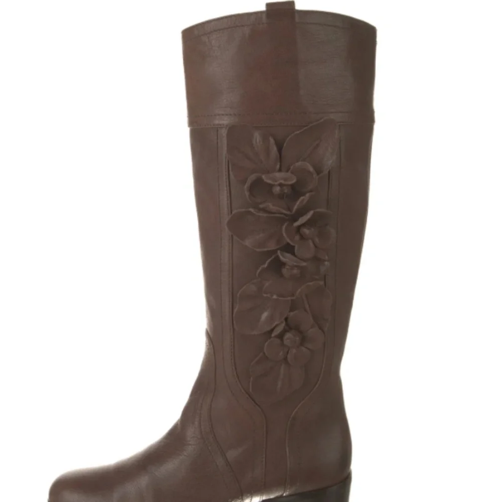 Valentino Garavani brown leather floral appliqué riding knee-high boots size 38.
